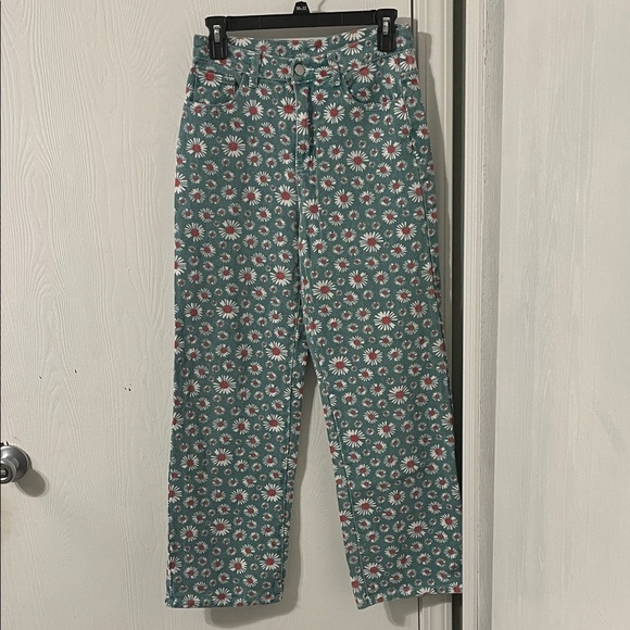 Cider Denim - Cider Teal Green Floral Straight Leg Denim Jeans Size Small